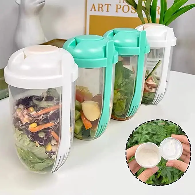 Keep Fit Salad Meal Shaker Cup, Portable Fresh Salad Cup to Go Container with Fork & Salad Dressing Holder, Portable Fruit and Vegetable Salad Cups