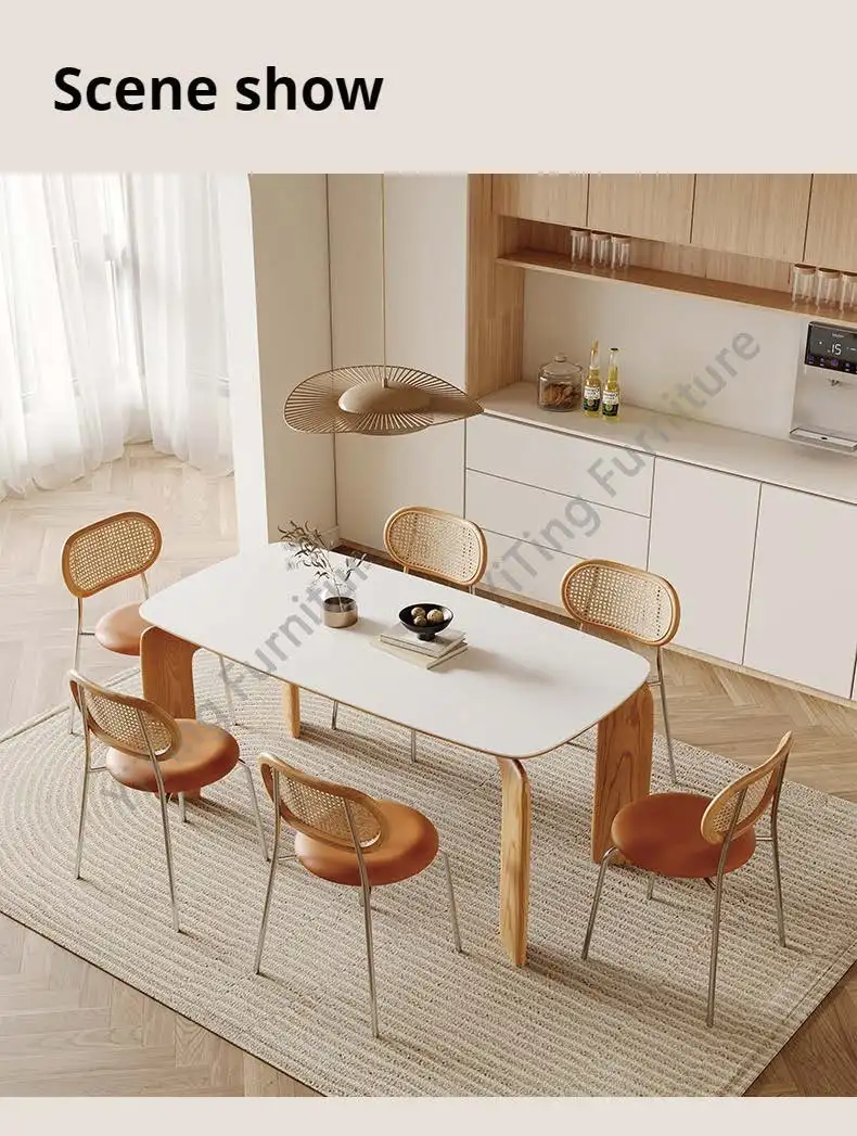 Cream Style French Log Dining Table Home Rock Plate Dining Table Chairs Simple Modern Rectangular Mesa Dining Room Set KM40DT