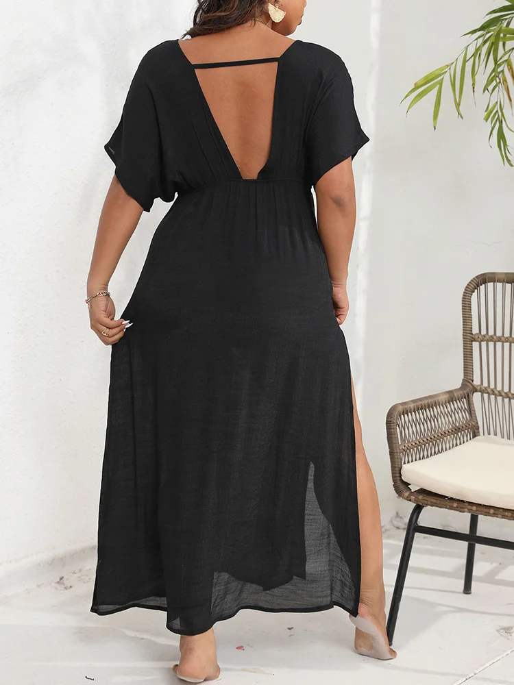 GIBSIE Plus Size Sexy Deep V Neck Backless Bikini Cover Up Women Summer 2024 New Vacation Casual High Split Long Beach Dresses 2