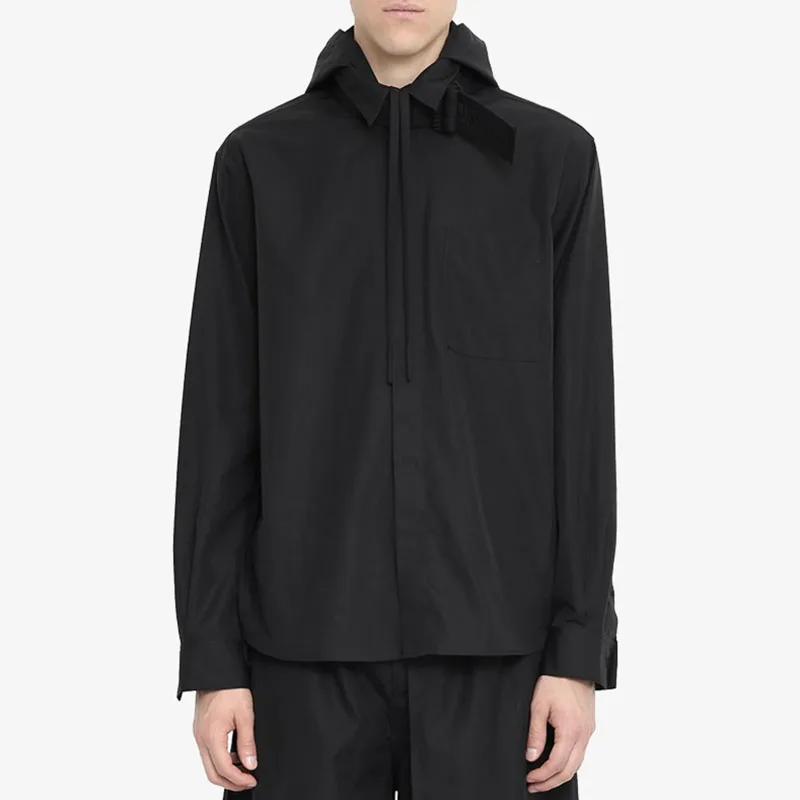 

Hooded Fringed Shirt Belt Elastic Adjustable Black Men and Women Loose Creative Structure Shirt