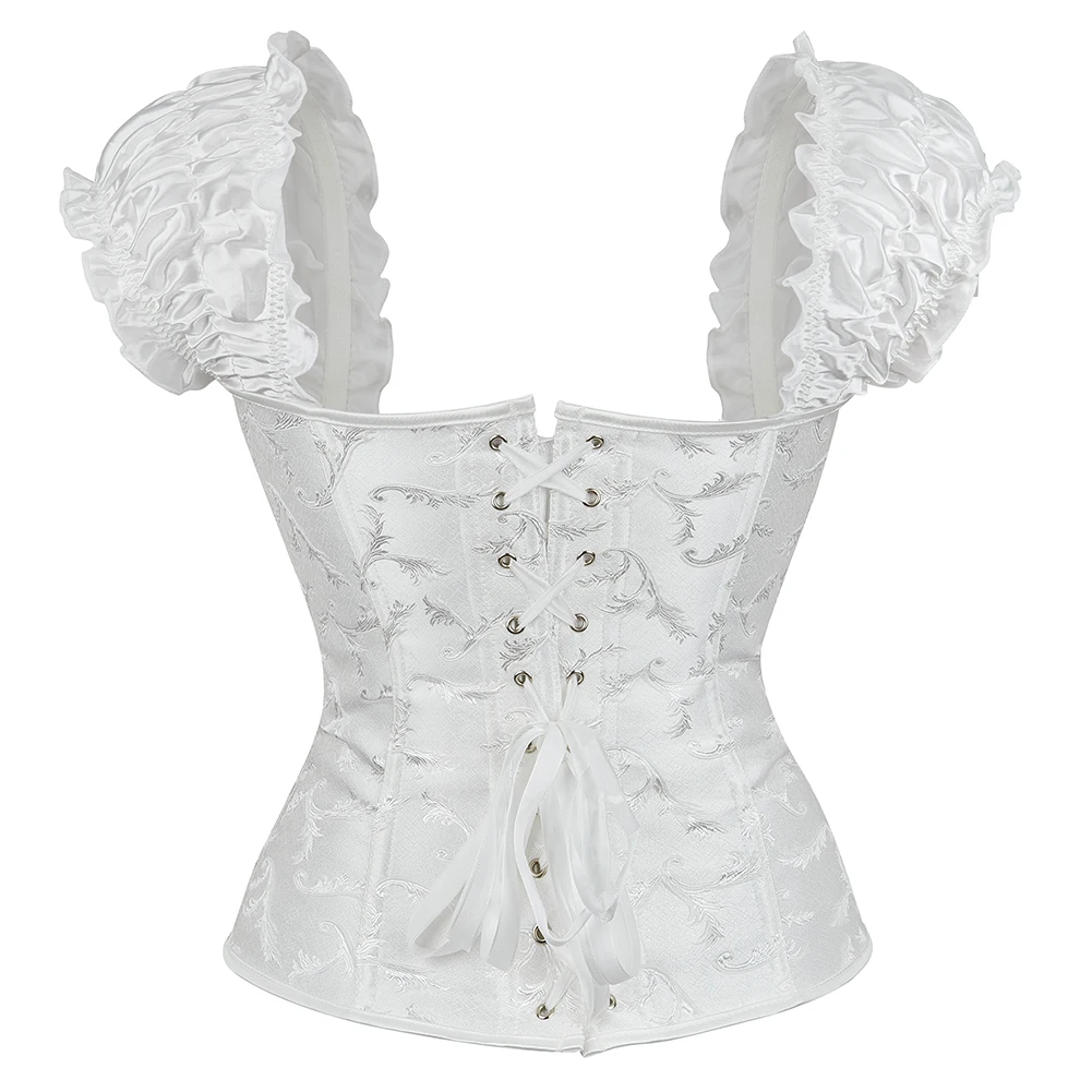 Ruffled Sleeves Overbust Corset Embroidered Floral Black White Waist Bustier Top Corselet
