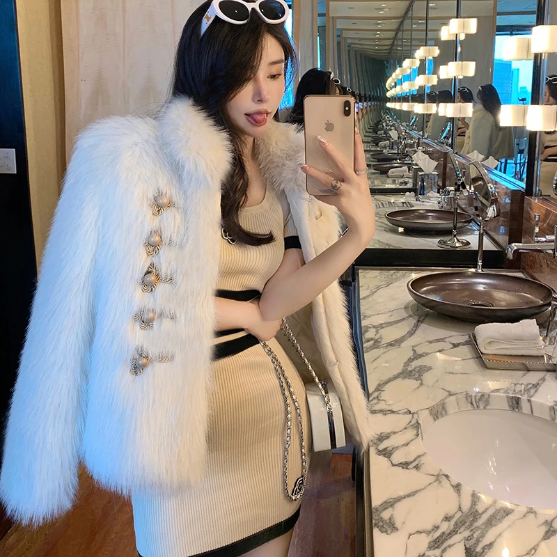 Faux Fur Women Coat 2023 Winter Fashion Double Breast Thick Warm Long Sleeves Stand Collar Korean Lady New Faux Fur Coats