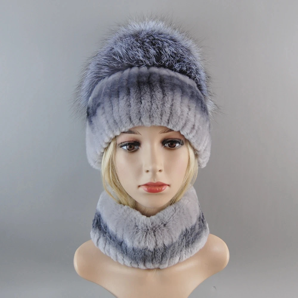 New Winter Lady Brand Hand Make Real Silver Fox Fur Hat Scarf Girls Natural Real Rex Rabbit Fur Ring Cap Scarves Hats