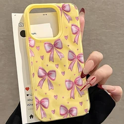 Elegant Pink Bow Heart Pattern Wave Texture Phone Case - Soft Back Cover - iPhone 15 Plus (Yellow - YYDSE6101)