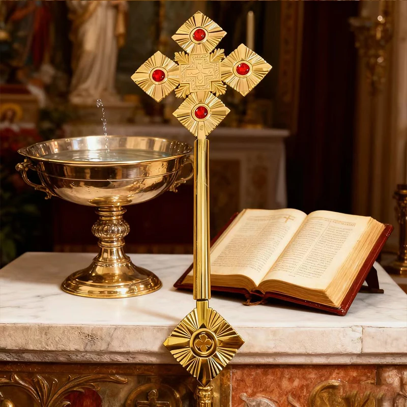 Östliche orthodoxe Metallkreuzzepter, religiöse Zeremonie, Sakramentfeier, eingelegt mit hellem Rubin, klassischer religiöser Glaube – Detail 12