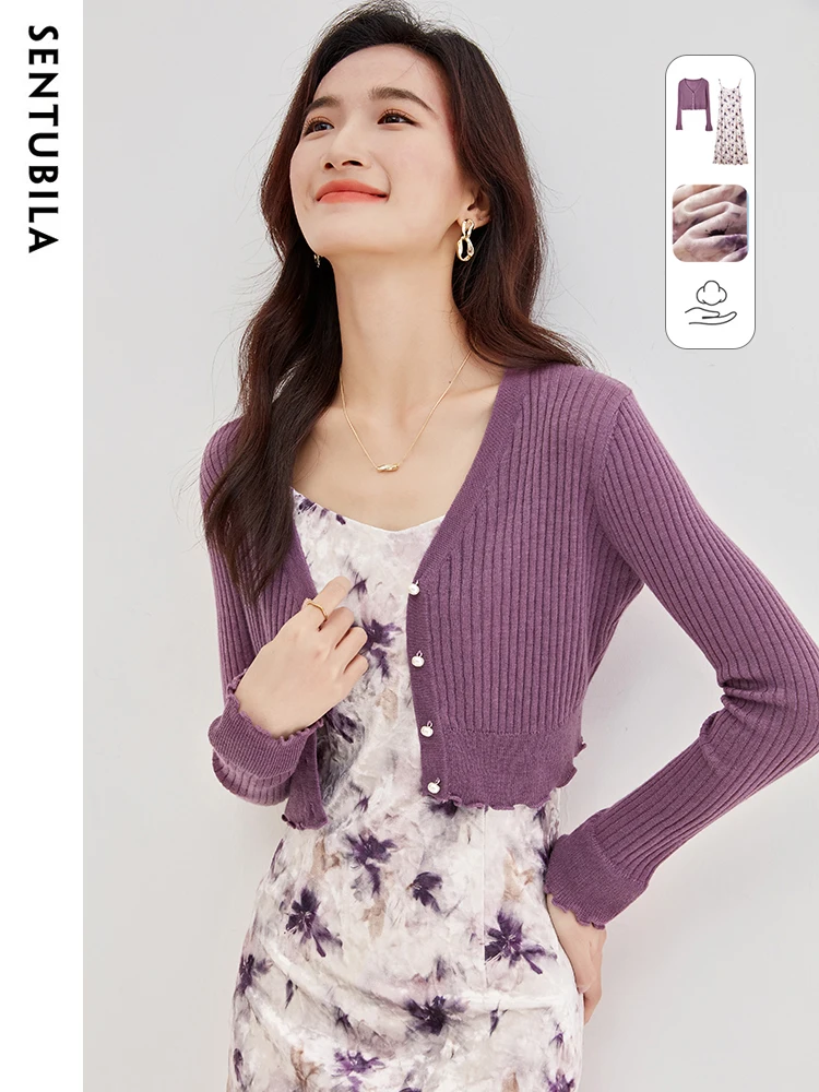 

Sentubila Two-Piece Dress for Women Elegant 2024 Spring Fashion V-Neck Knitted Cardigan Slip Print Midi Dresses Sets 733Z52462