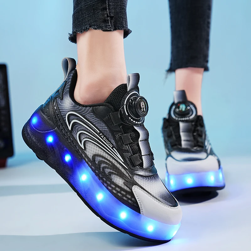 

New Black 883 USB Charging Fashion Girls Boys LED Light Roller Skate Shoes For Children Kids Sneakers With Wheels Four wheels