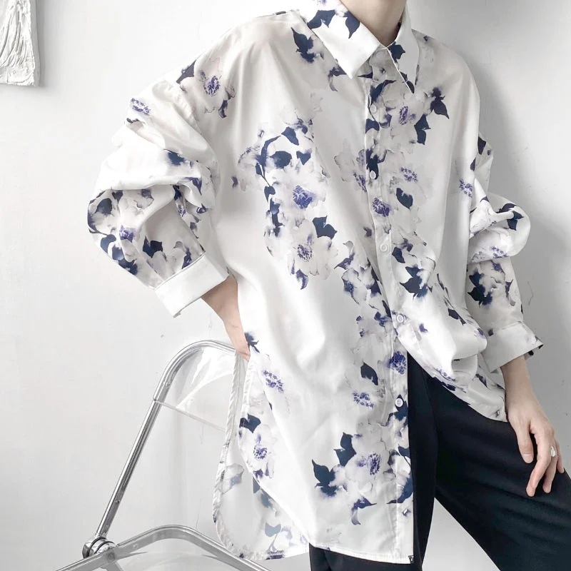 

2022 Korean Style Men's Floral Printing Long Sleeves Shirts Loose Casual White Color Lapel Collar Shirts Unisex Clothes Top