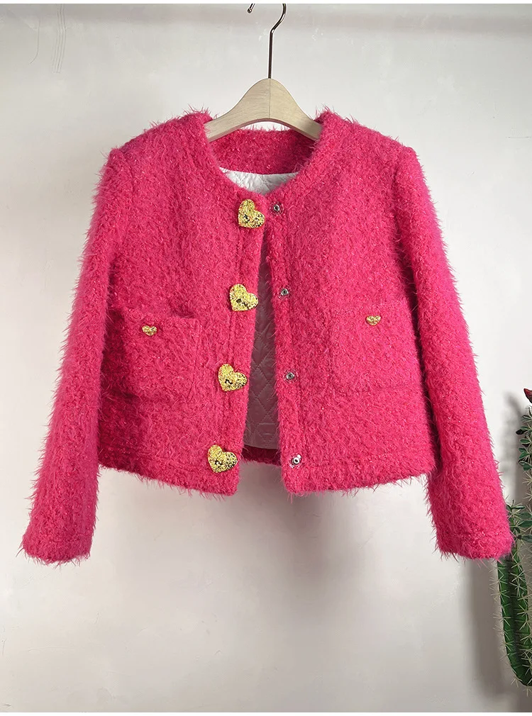 

2023 Autumn Winter Chic Women's High Quality Gold Buttons O-neck Jackets Short Coat C580
