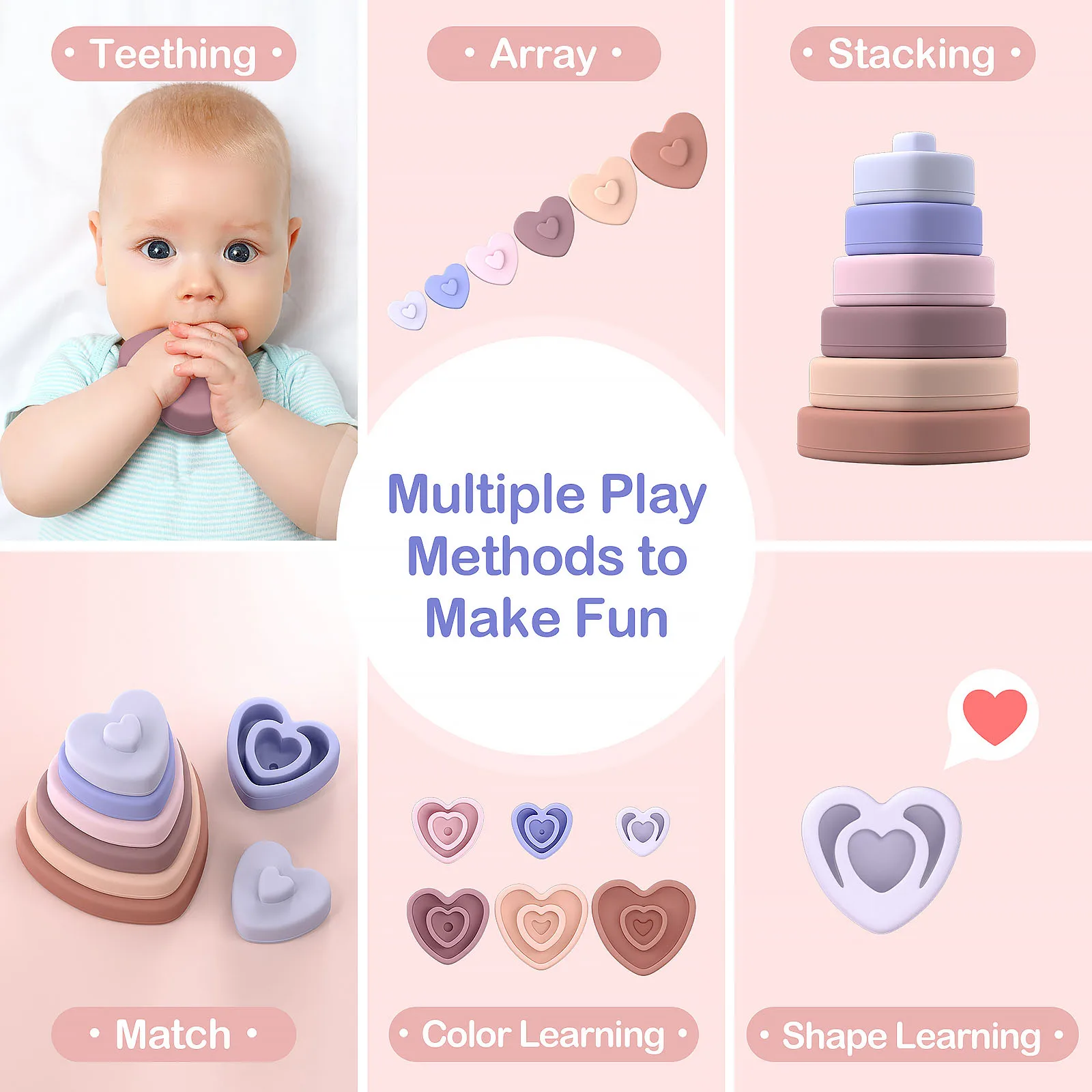 TYRY.HU 6pcs Baby Silicone Building Block Infant Montessori Cartoon Heart Shaped Stacking Soft Block Kids Silicone Teething Toys