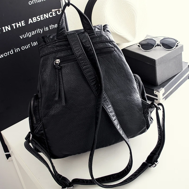 Fashion Women Backpacks Soft Washed PU Leather Travel Bag Female Drawstring Backpack High Capacity School Bags for Women 5