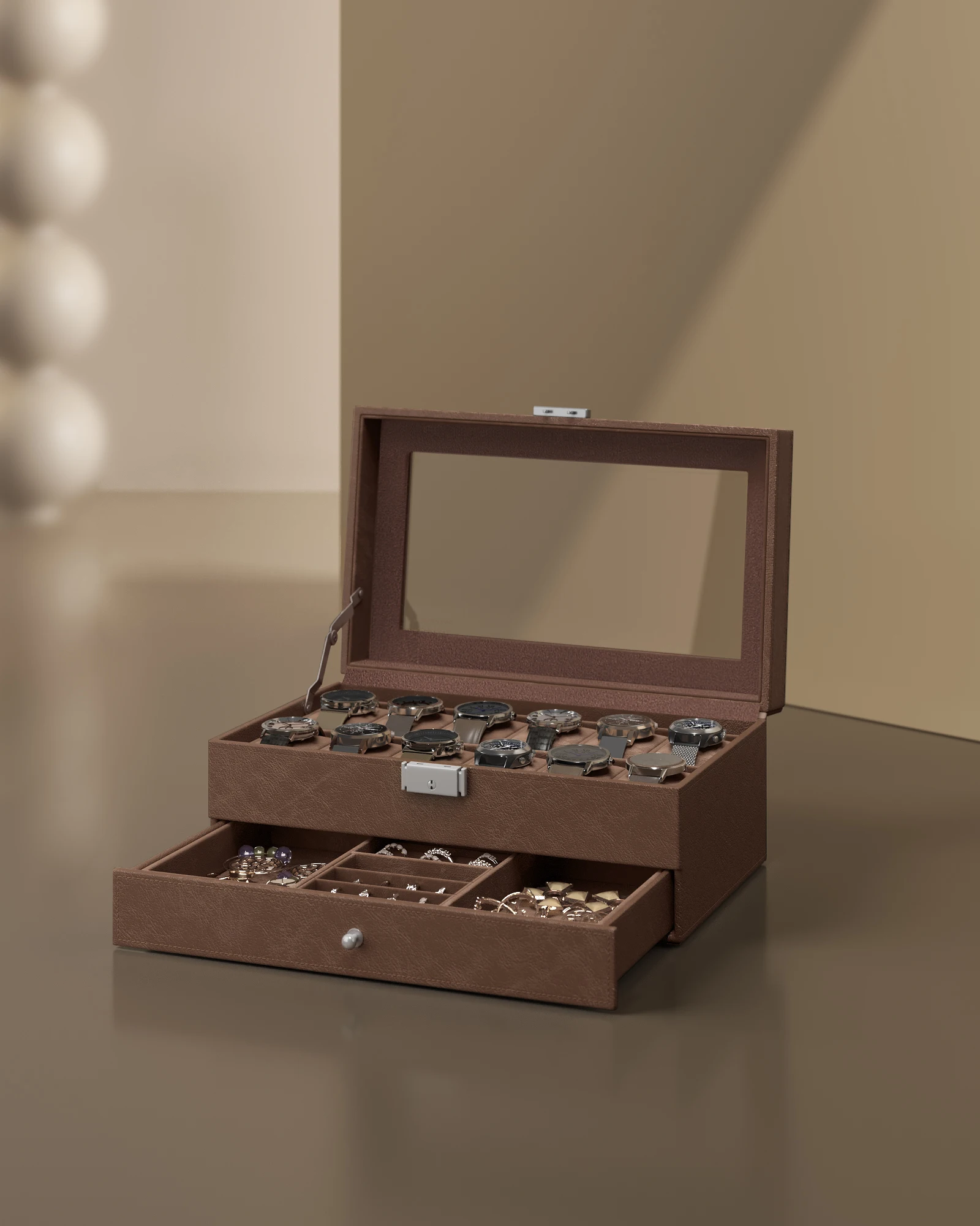 12-Slot Watch Box with Lockable Glass Lid and 2-Layer Design, Velvet-Lined Jewelry Stor... - SKU JDC01052 - UGI Packaging