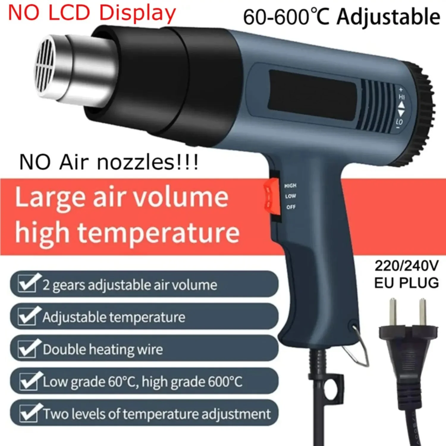 Hot air gun 2000W Professional 60-600 D 4 Nozzles for DIY Stripping Paint Shrinking PVC and Home