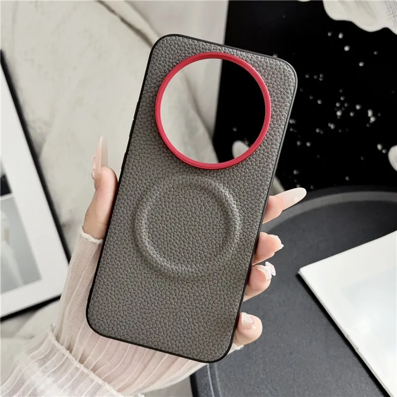 Luxury Magnetic Lychee Pattern PU Leather Non-Slip Cover with Metal Camera Frame