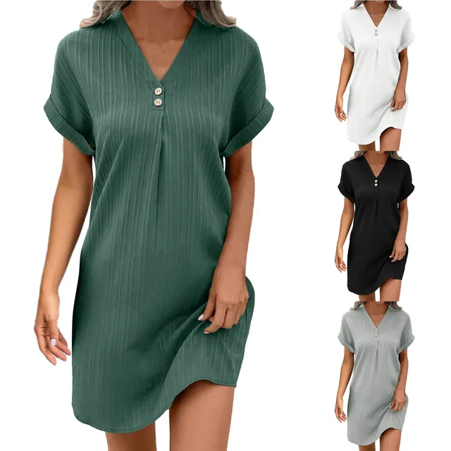 Dresses For Women 2024 Casual V Neck Solid Colour Pullover Comfortable Casual Button Down Dress Fashion Summer Dresses 2024 1