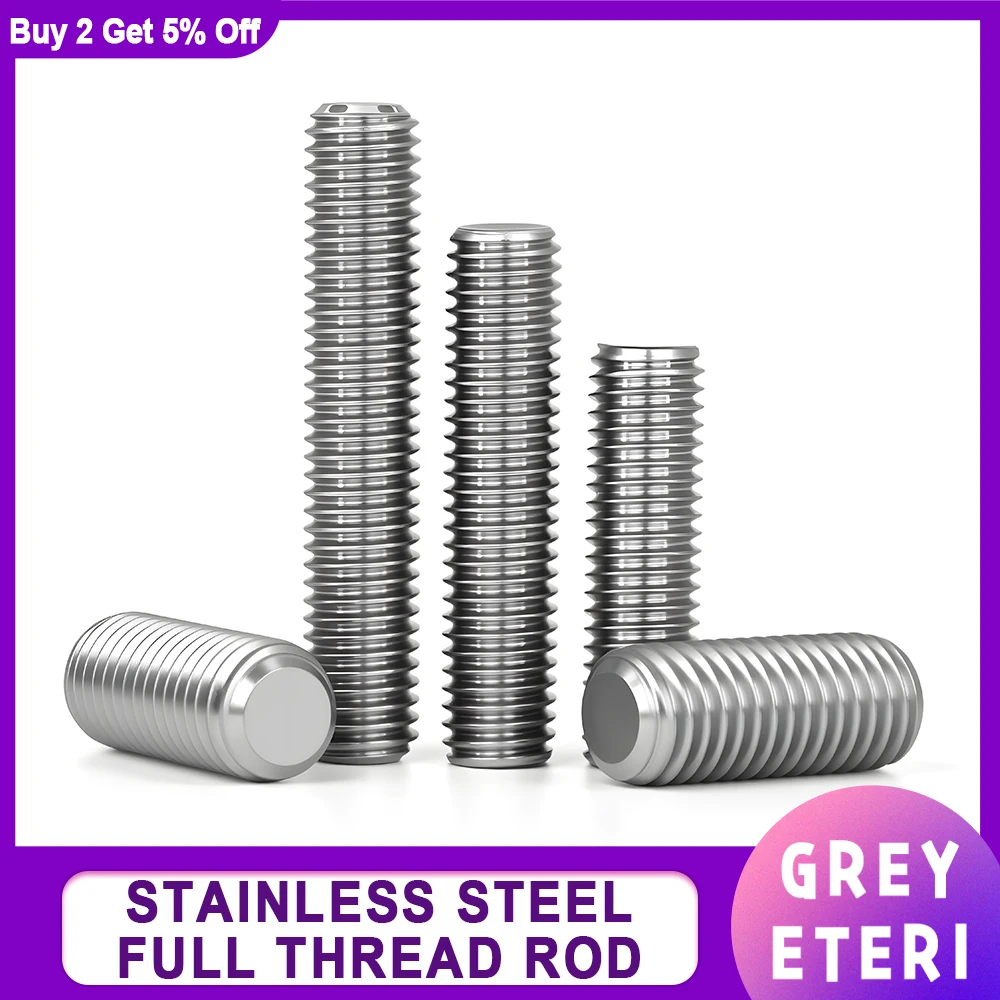 1-20 יחידות מוט חוטים מפלדת אל-חלד 304 קוטר מברגה 30-300mm מטרי לחלוטין ראש חסר ברג חוט מוטות ברגים M3 M4 M5-M20