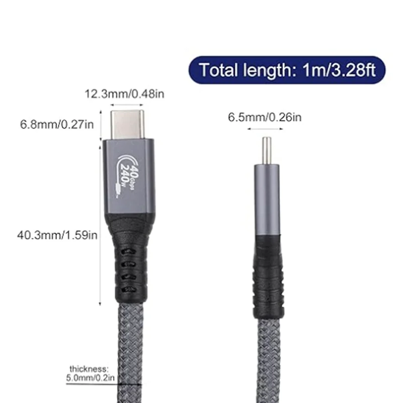 240w 80gbps USB C 케이블 썬더볼트 4 호환 케이블 직각 6.6피트, 90도 USB C USB 4 케이블, 8K/60Hz