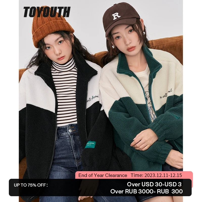 

Toyouth Women Fleece Thick Coat 2022 Winter Long Sleeve Stand Collar Loose Jacket Color Block Streetwear Warm Casual Outwear