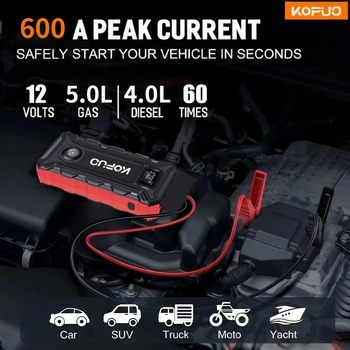 KOPUO Avviatore di emergenza per auto 600A Picco Avviatore per batteria per auto Caricatore portatile per banca di potere 12V Dispositivo di avviamento di emergenza automatico Booster