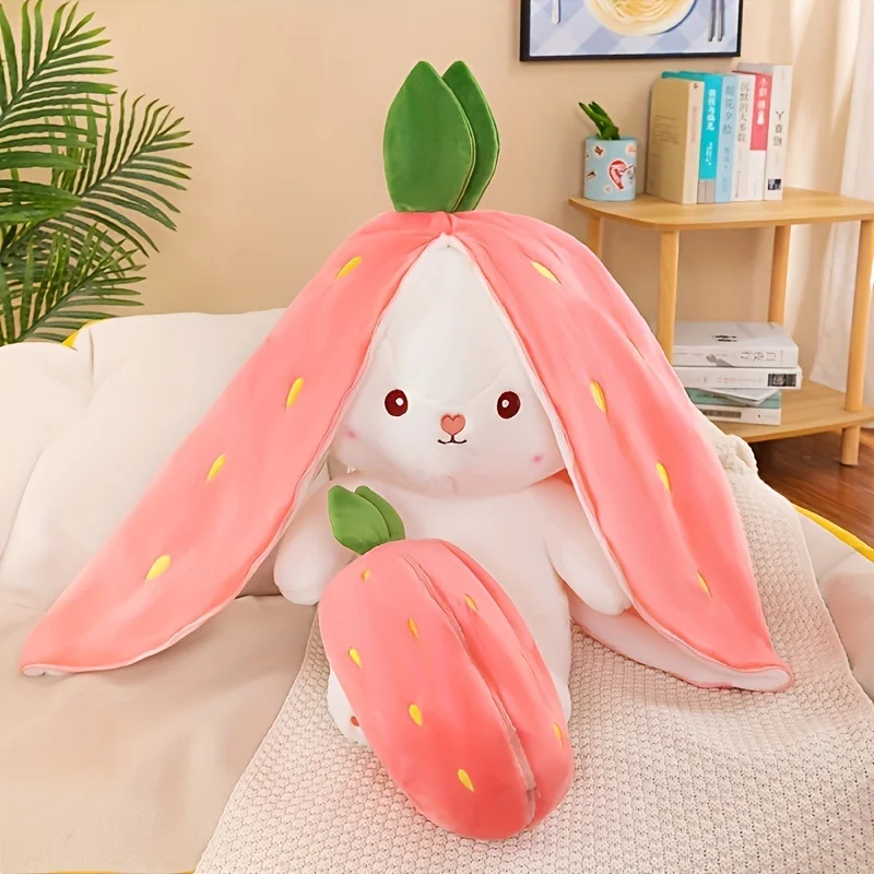 토끼 박제 동물, 가역 당근 딸기 토끼 봉제 인형, 지퍼가 달린 귀여운 부드러운 토끼 장난감, 베개 장식