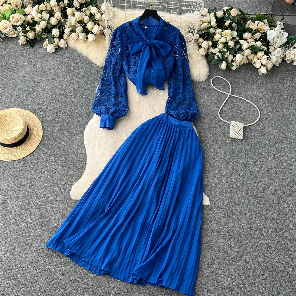 

Clothland Women Sweet Lace Blouse Skirt Suit Bow Tie Hollow Out Long Sleeve Shirt Long Pleated Skirt Chic Two Piece Set TA038