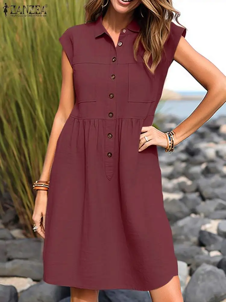 

Elegant Summer Women Lapel Neck Short Sleeve Shirt Dress ZANZEA Holiday Work Sundress Casual Vestidos Buttons Down Robe Femme