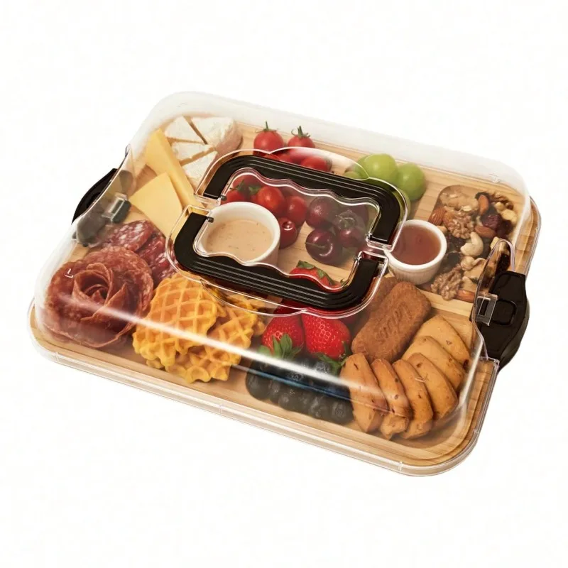 Bamboo Cheese Tray With Safety Sealed Acrylic Lid - Portable Bamboo Snack Plate For Camping,Parties And Restaurants.Suitable For