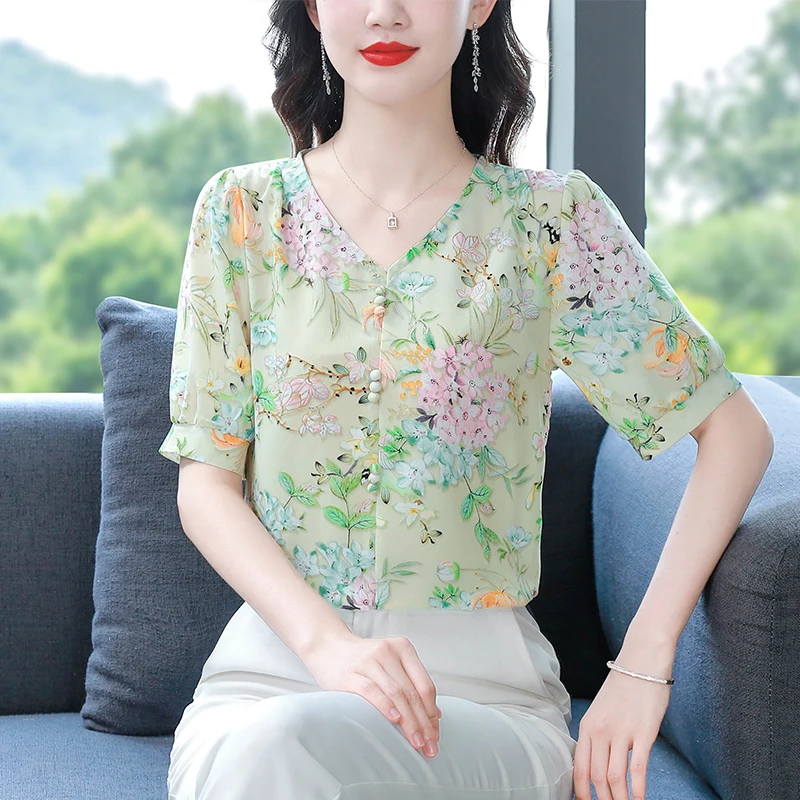 Chiffon Shirt Pullover Large Size 2023 Summer New Short-sleeved Middle-aged  Long Women's Blouses Loose Blusa Ladies Top 86i - Women Blouse - AliExpress