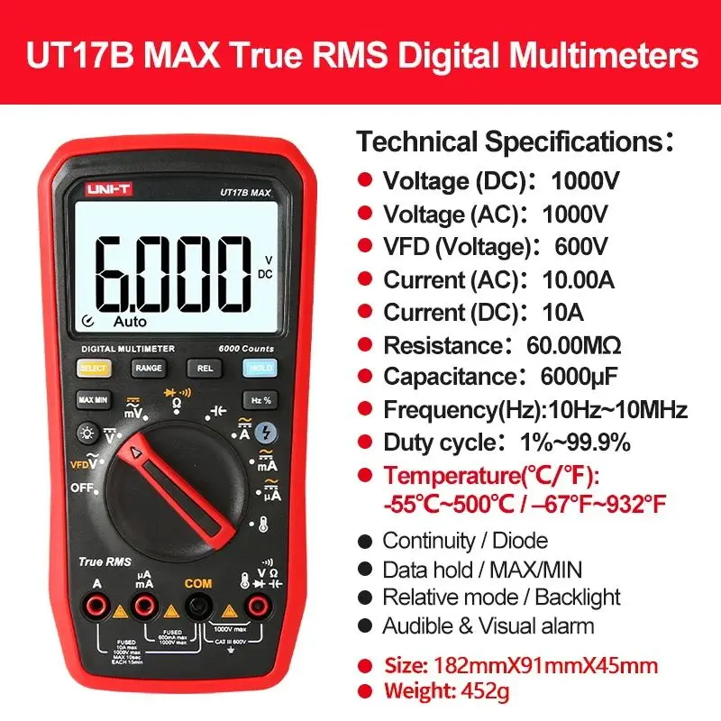 UNI-T UT15B+ UT17B+ UT18B+ 디지털 멀티미터 전문 AC DC 전압 테스터 전류계 주파수 측정기 온도 다이오드 테스트