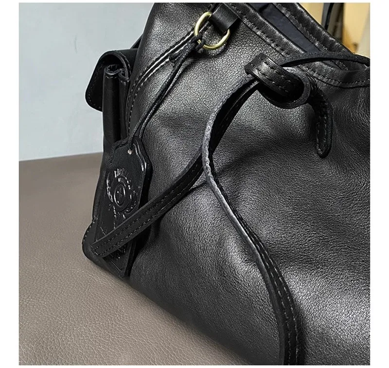 Outdoor-Tagesreise-Designer, handgefertigt, echtes Leder, schwarze Damen-Umhängetasche, lässig, natürlich, weich, echtes Rindsleder, Unterarmtasche – Detail 14
