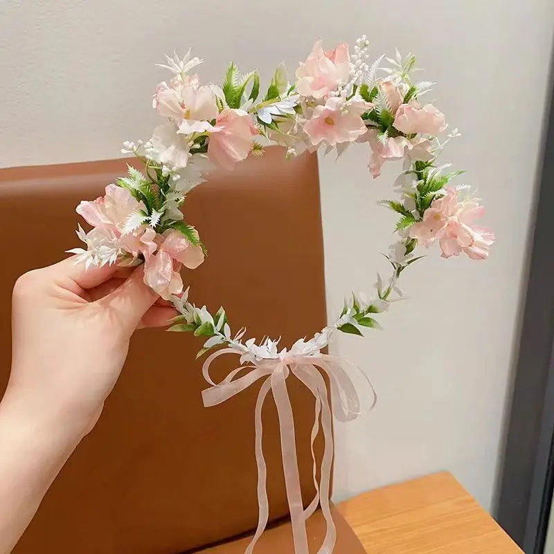 Corona Floreale Boho Fatta A Mano Per Capelli - Cerchietto Regolabile Per Matrimonio, Damigelle, Festa (Rosa) - 2