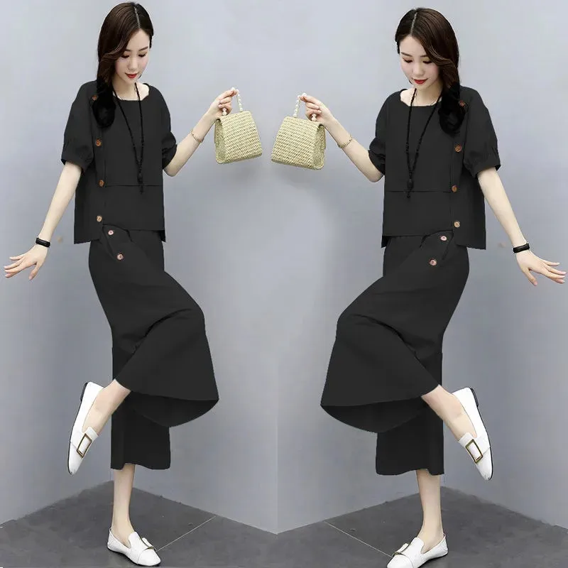 

Set Women's Silk Linen Wide-Leg Pants 2022 Summer New Coat T-Shirt Suit Casual Two-Piece Ladies Outfit Jacket Tops Female 2PCS