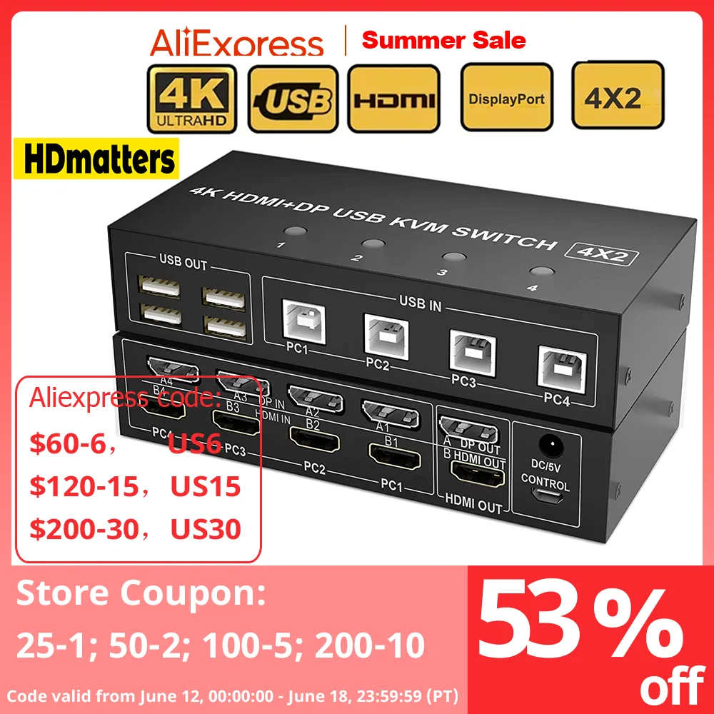 Dual Monitor Displayport Hdmi Kvm Switcher 4K 60Hz Extended Display 2X2