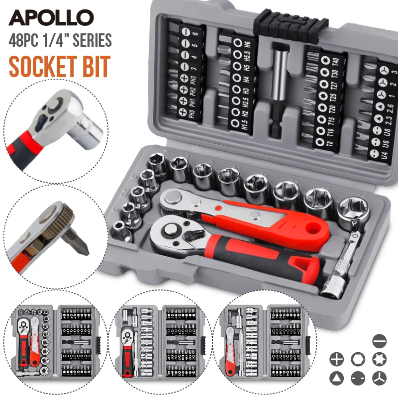 Apollo 1/4" Drive Quick-Release Ratchet & Bit Set, Cr-V Steel w/ Phillips/Slotted Screwdrivers for Auto Repair & Hand Tools image 1