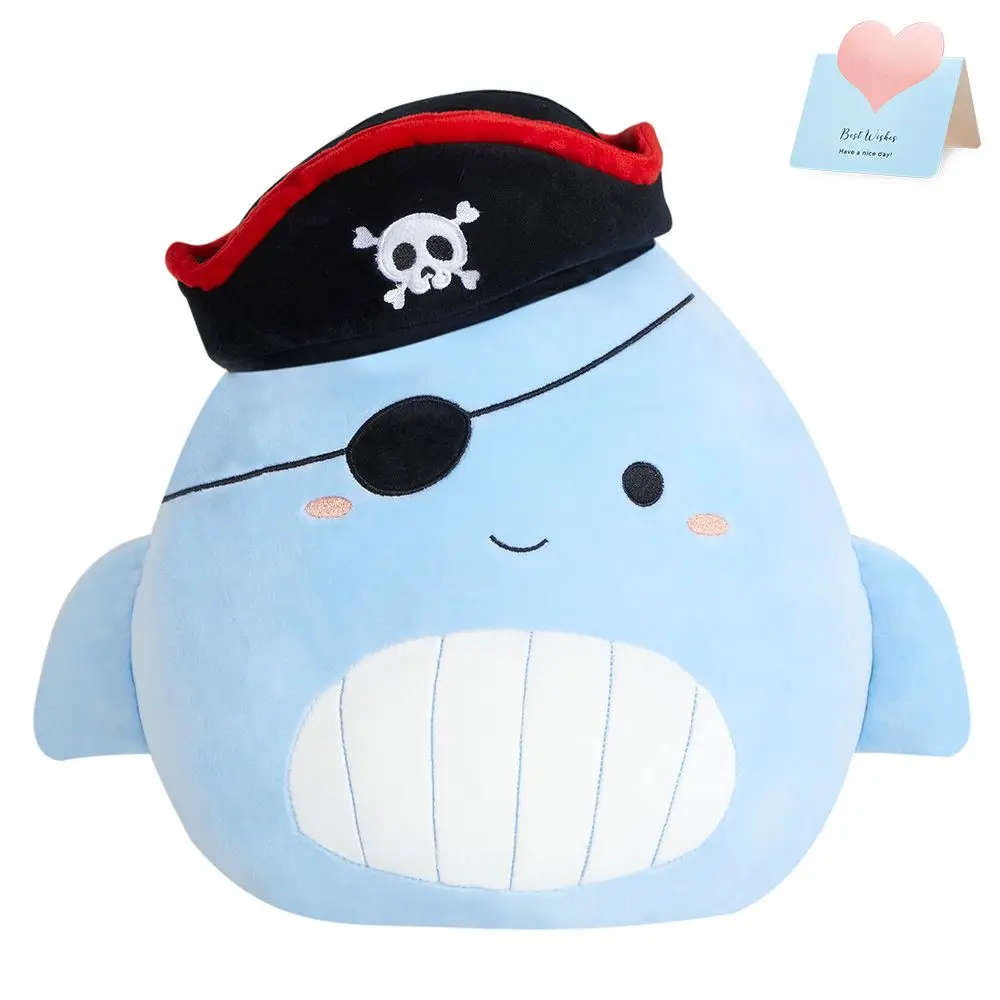 36cm Pirate Whale Stuffed Pillow Blue One-eyed Whale Round Pillow Plush Toys Cartoon Creative Design Children Gifts for Boys