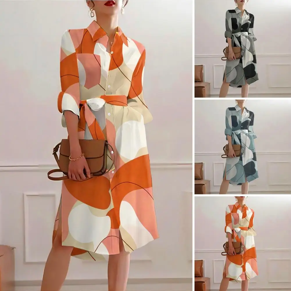 

2024 Casual Spring Autumn Women Dress Geometric Printing Three-quarter Sleeve Lapel Belt Slit Hem Sexy Office Lady Party Dresses