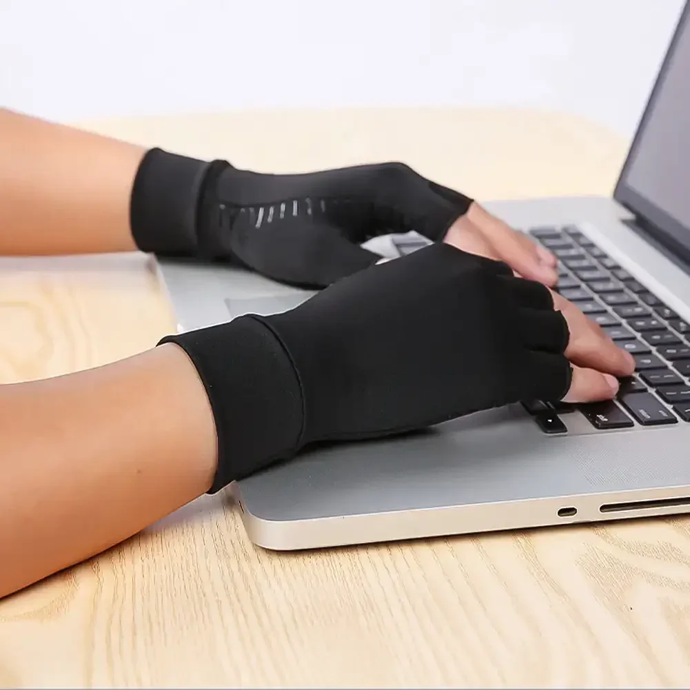 1 Pair Compression Gloves Hand Copper Arthritis Gloves Joint Pain Relief Half Finger Anti-slip Therapy For Womens Mens