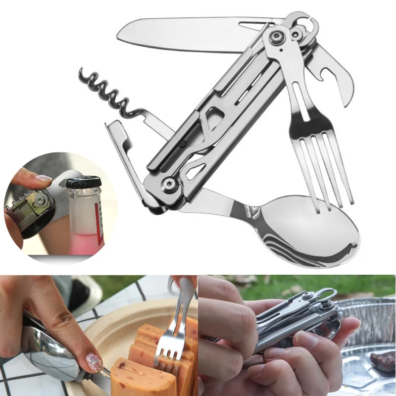 Multifunctional Portable Folding Camping Cutlery Set Knife Fork Spoon Can Opener