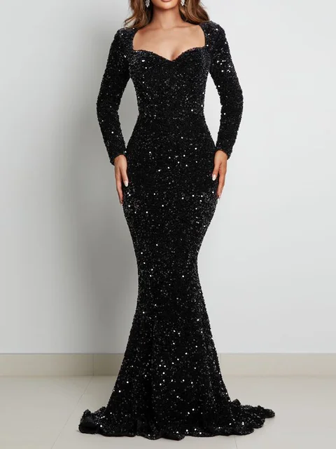 Long Sleeve Padded Sequin Maxi Dress: A blend of elegance and glamour for any occasion
