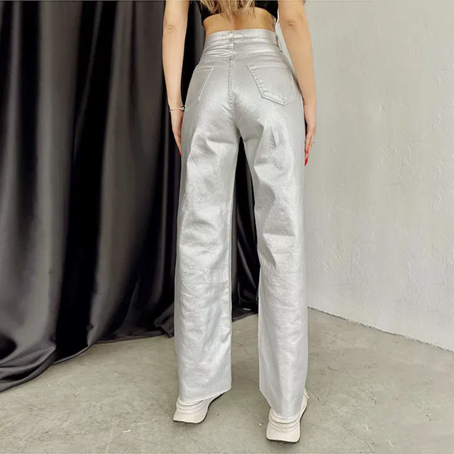 Women Fashion Gold Silver High Waist Straight Pants Vintage Pockets Elegant Loose Fit 5