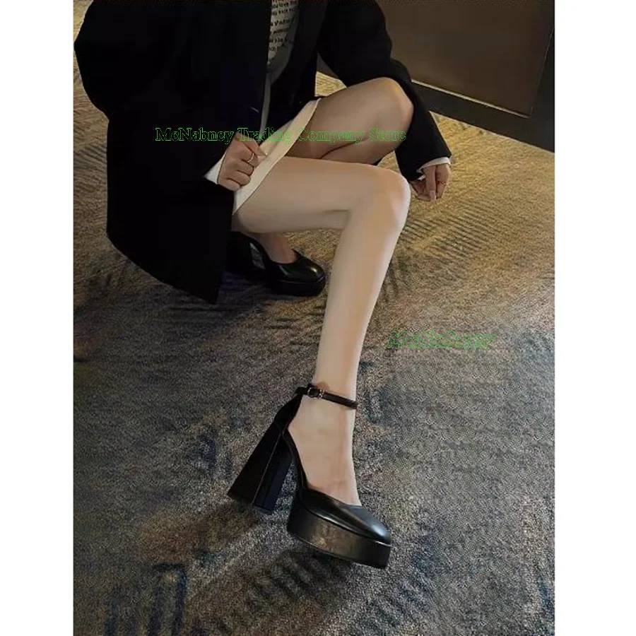 

Strap Buckle Leather Heels Pumps Chunky Heel Pointed Toe Stilettos Waterproof Platform Women Shoes 2023 New Zapatos Para Mujere