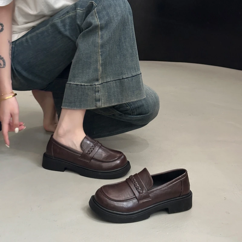 Aphixta New Weave Dec Woman Loafers Flats Shoes Sewing Round Toe Shallow Women's Shoes Classic Brown Spring Daily Footwear