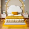 Twin Bed Frames with Cloud Headboard, Upholstered Boucle Floating Platform Bed with LED Lights, Solid Wooden Slats Support 1