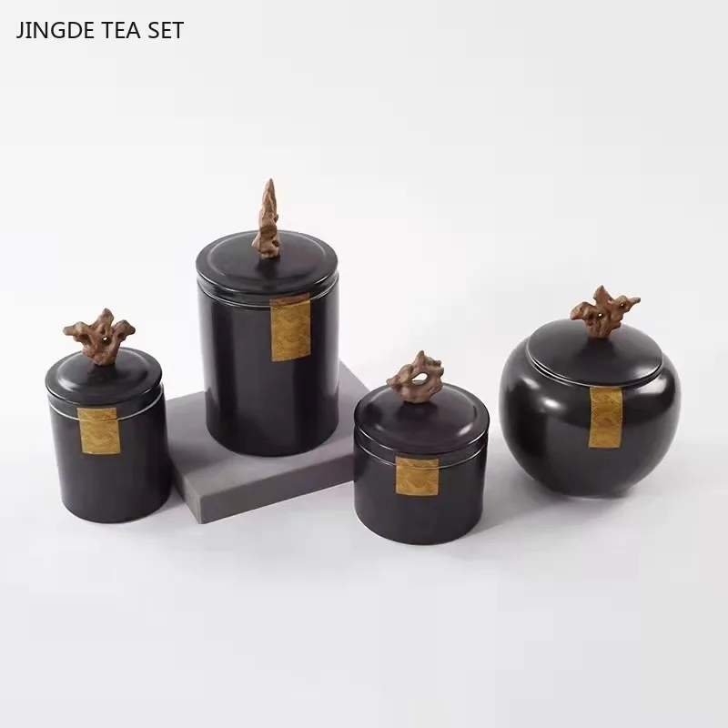 Black Ceramic Tea Organizer Box Household Kitchen Sealed Moisture-proof Coffee Container Teahouse Storage Jar Tea Accessory