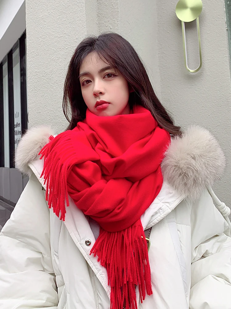 Solid Color Imitation Cashmere Tassel Autumn Winter Women Scarf Street Style Fashion Commute Thickened Warm Collar Long Shawl