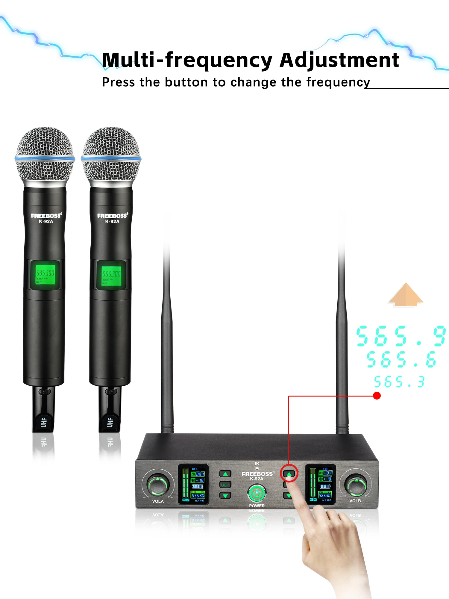 FREEBOSS 회의 무선 마이크, 멀티 주파수 2 핸드 헬드, 다이내믹 송신기, 자동 스캔, IR UHF 무선 마이크 K-92A
