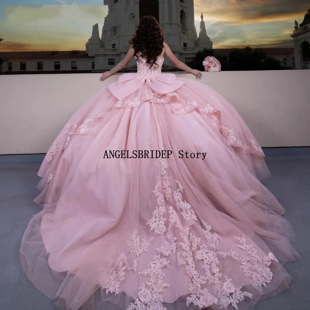 ANGELSBRIDEP Pink 3D Floral Quinceanera Dresses Tiered Lace Applique Beading Mexico Sweet 16 Vestidos De 15 Anos Customized