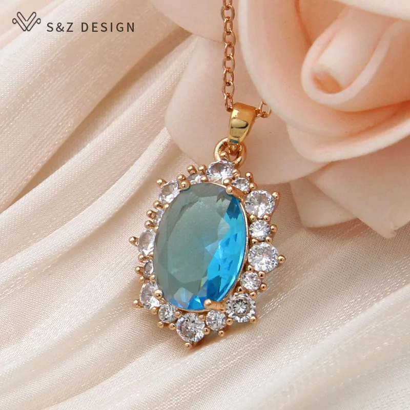 S&Z DESIGN New Fashion Egg Shape Oval Cubic Zirconia Pendant Necklace For Women  Wedding Elegant Champagne Gold Color Jewelry