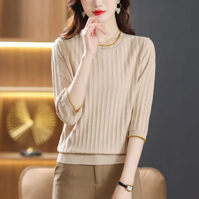 Spring Summer Thin Women's Clothing Solid Color Knitted Round Neck Commute Simplicity Three Quarter Loose Casual Korean T-shirt