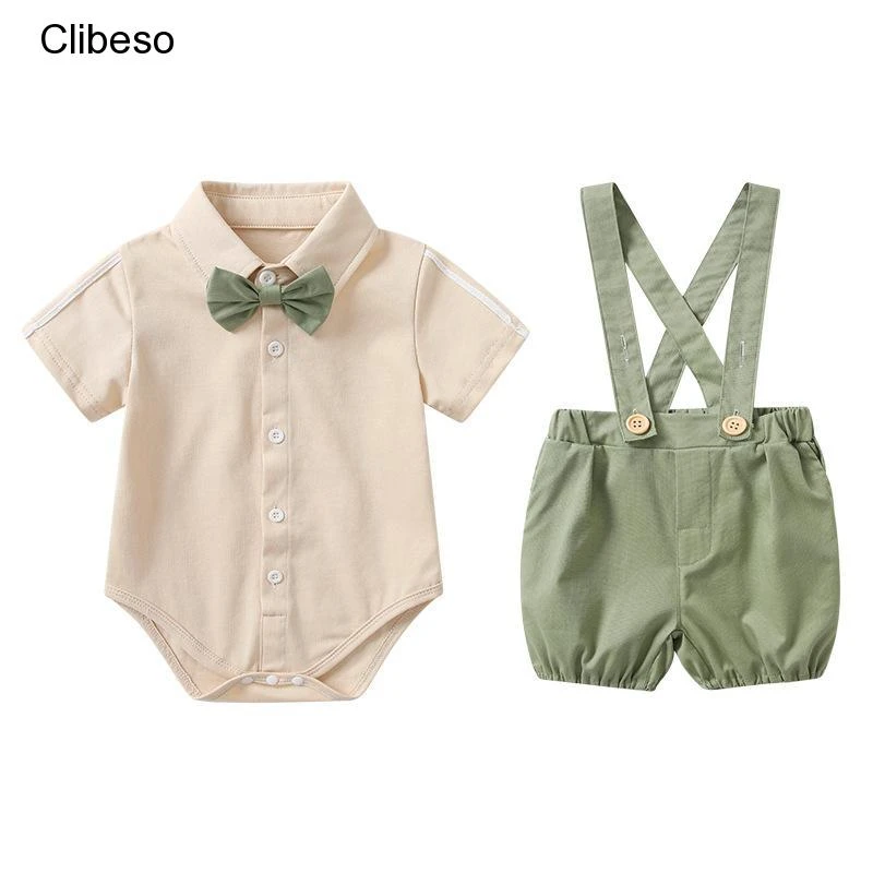 2023 Newborn Baby Boys Summer Clothes Outfits Sets Kids Blouse Jumpers With Bow Tie Bib Pants